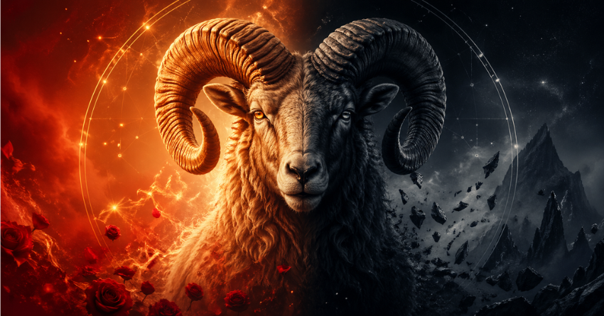 Aries zodiac ram with fiery and dark cosmic background, symbolizing passion, loyalty, and strength