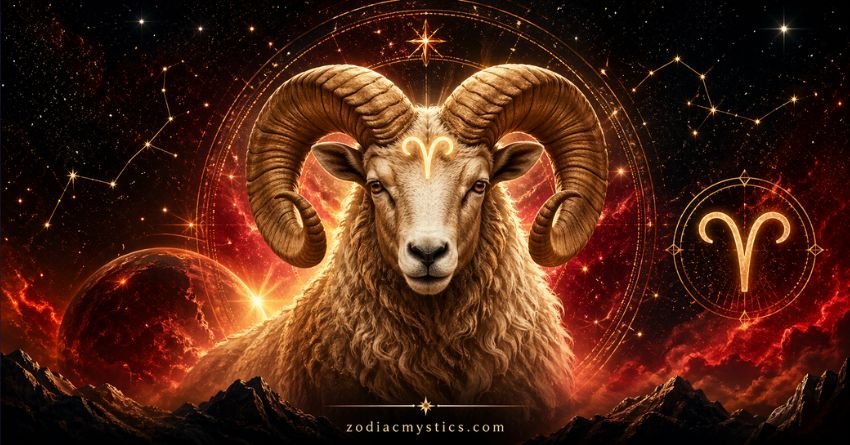 Aries zodiac image with a powerful ram, glowing cosmic background, and zodiacmystics.com branding.