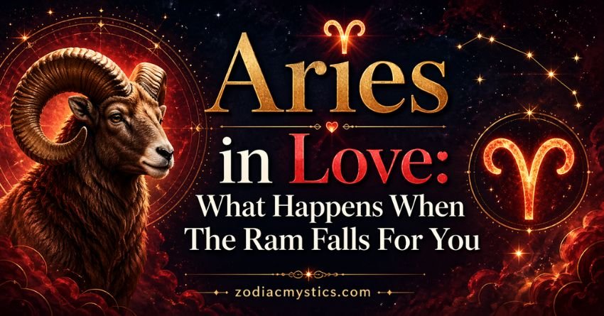 Aries in Love horoscope image with ram symbol and zodiac text for Zodiac Mystics.