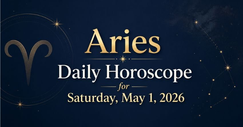 Aries daily horoscope for Saturday, May 1, 2026 with zodiac symbol on starry night background