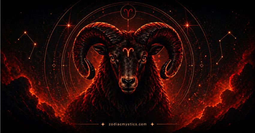 The aries disappearing act symbolized by a ram with glowing red eyes surrounded by dark flames