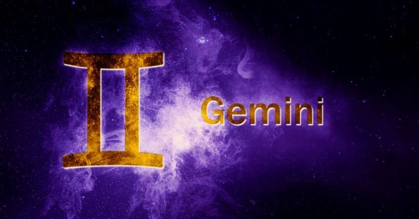 Gemini personality traits golden twins symbol with cosmic purple energy