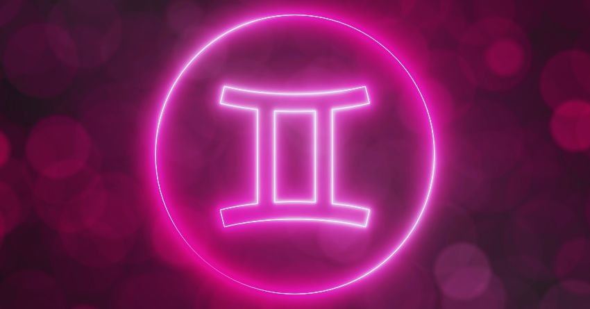 Gemini personality traits neon pink twins zodiac symbol glowing