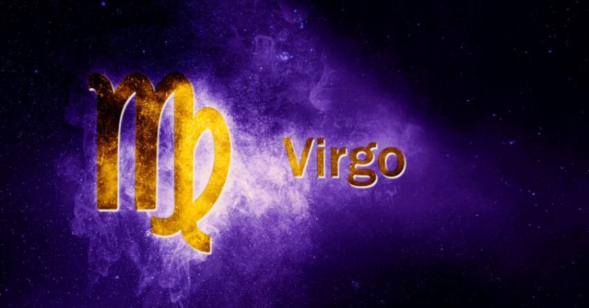 Virgo Golden Cosmic Zodiac Symbol Virgo personality traits golden zodiac symbol with purple cosmic background