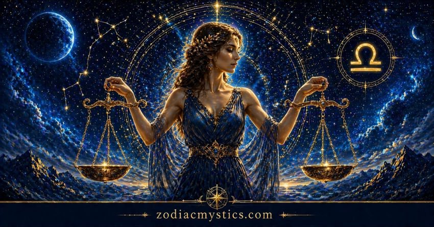 Libra zodiac sign scales in cosmic galaxy Libra personality traits balance and harmony