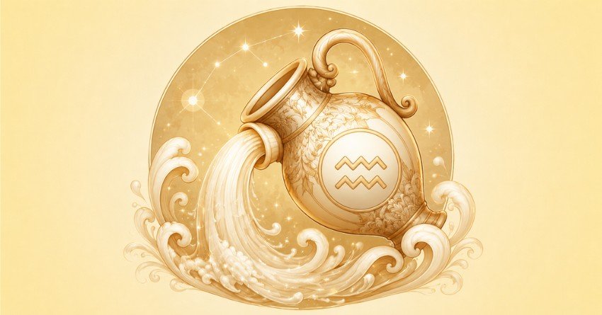 Aquarius zodiac sign with golden water bearer symbol and stars message for happiness and love