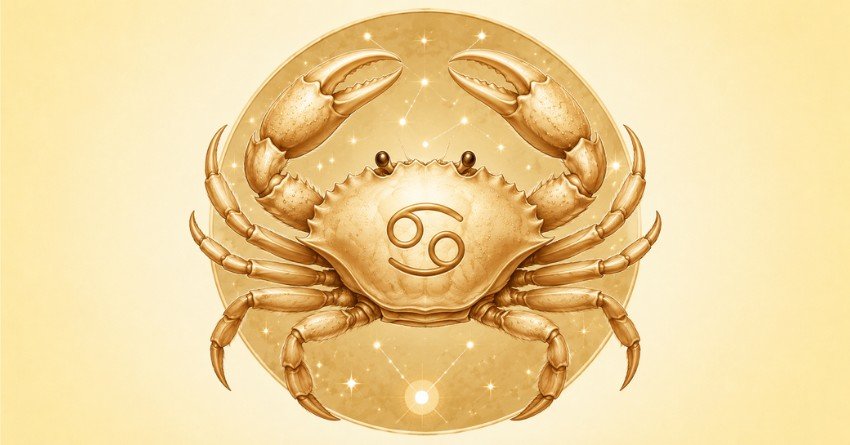 Cancer zodiac sign with golden crab symbol and stars message for happiness and love