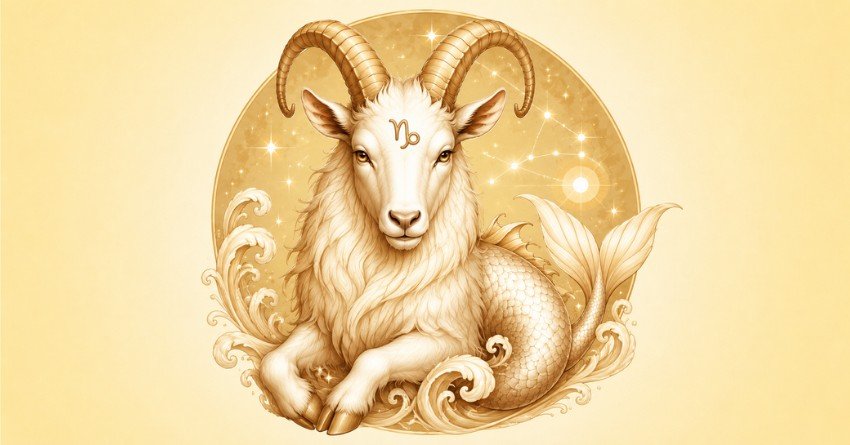 Capricorn zodiac sign with golden mountain goat symbol and stars message for happiness and love