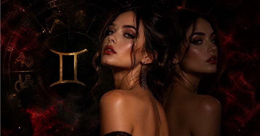Realistic Gemini astrology image showing a glamorous woman with a mirrored twin effect, symbolizing flirtation, dual personality, and restlessness in love.
