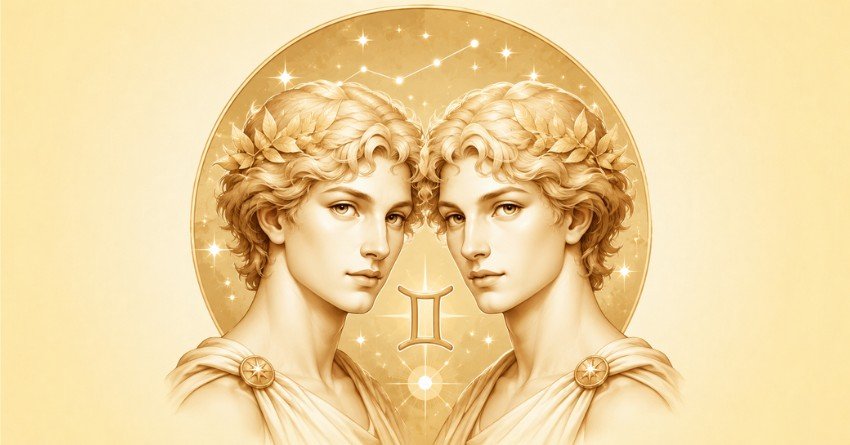 Gemini zodiac sign with twins symbol and stars message for happiness and love