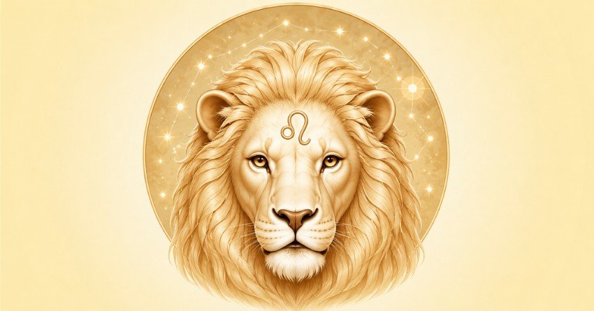 Leo zodiac sign with golden lion symbol and stars message for happiness and love