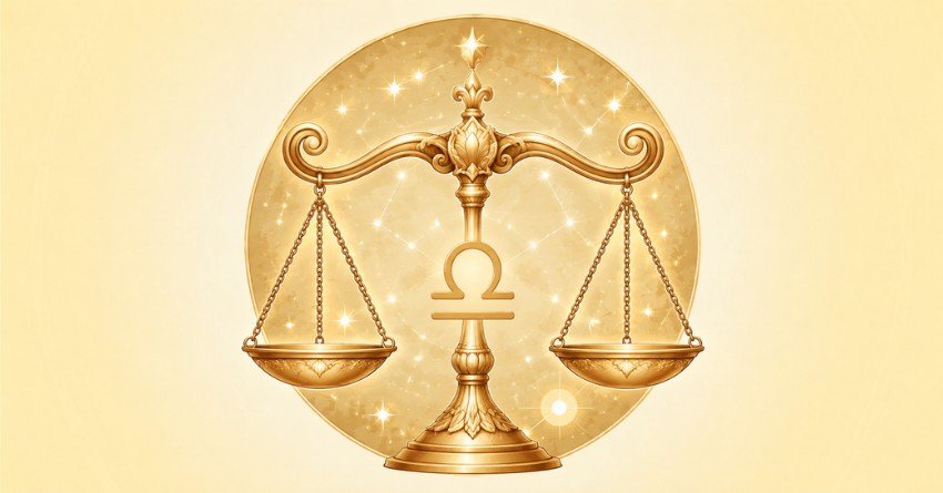 Libra zodiac sign with golden scales symbol and stars message for happiness and love