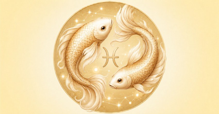 Pisces zodiac sign with golden two fish symbol and stars message for happiness and love
