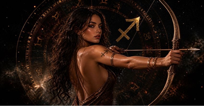 Realistic Sagittarius astrology image showing a confident archer woman with a bow, symbolizing freedom, passion, independence, and fear of feeling trapped in love.