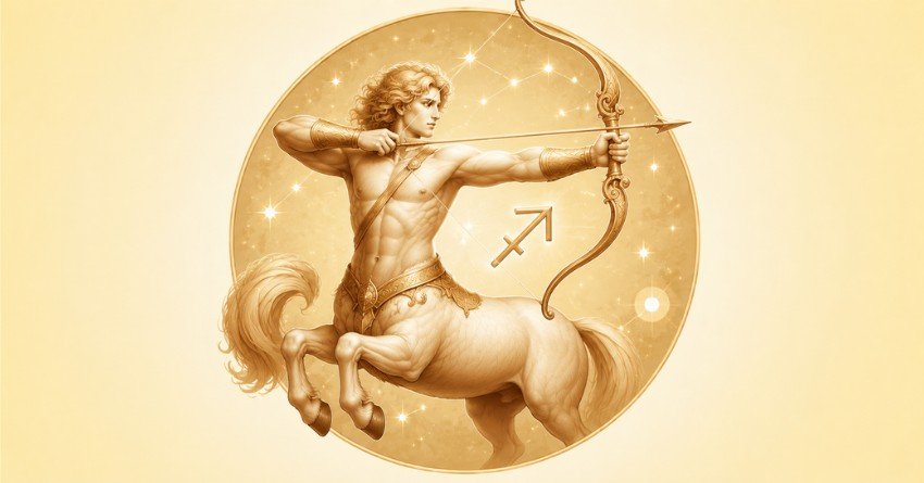 Sagittarius zodiac sign with golden archer centaur symbol and stars message for happiness and love