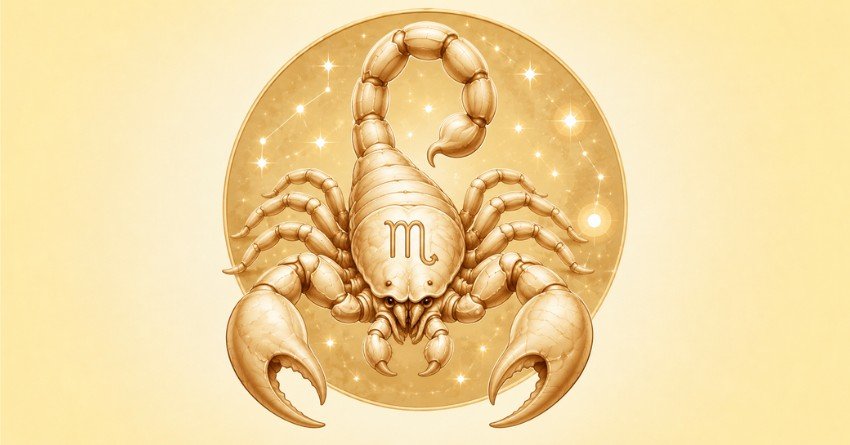 Scorpio zodiac sign with golden scorpion symbol and stars message for happiness and love