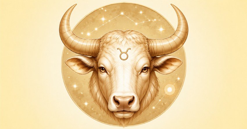 Taurus zodiac sign with golden bull symbol and stars message for happiness and love