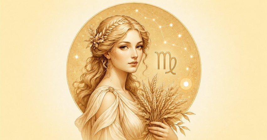 Virgo zodiac sign with golden maiden symbol and stars message for happiness and love