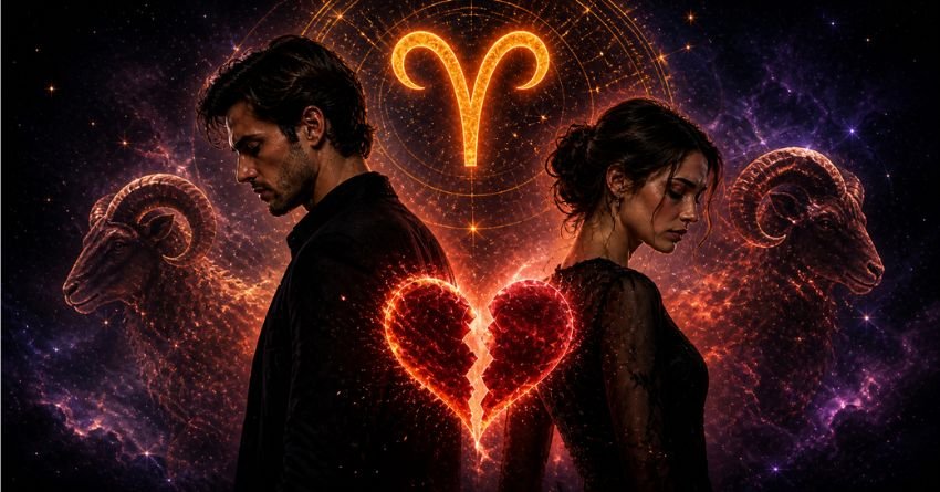 Aries love compatibility with two incompatible zodiac signs symbolized by a broken heart between two figures under the Aries symbol