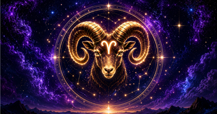 Aries signs from the universe - golden ram zodiac symbol in cosmic starry sky