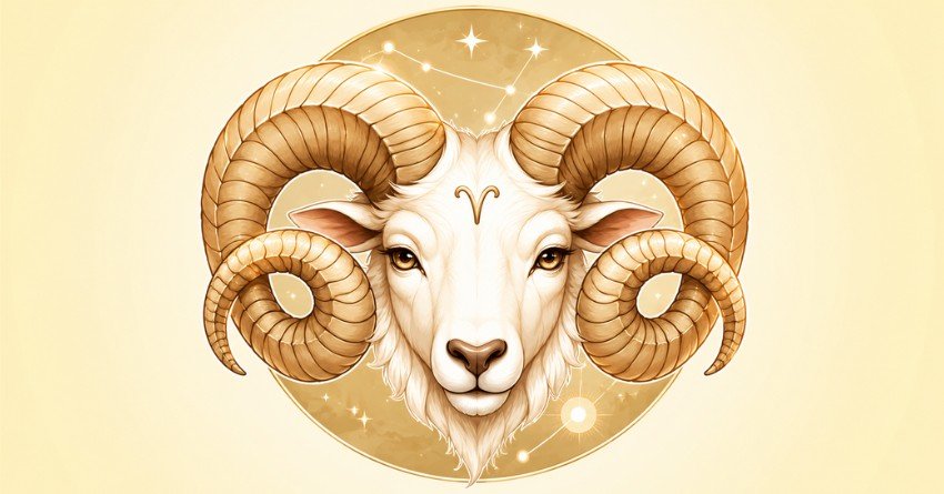 Aries zodiac sign with golden ram symbol and stars message for happiness and love