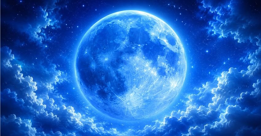 Blue Moon in Sagittarius May 31 2026 Blue Moon in Sagittarius glowing over a starry night sky with clouds