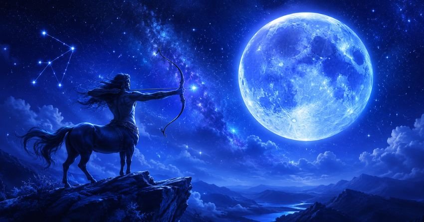 Blue Moon in Sagittarius May 31 2026, glowing blue full moon with a Sagittarius archer constellation in the night sky