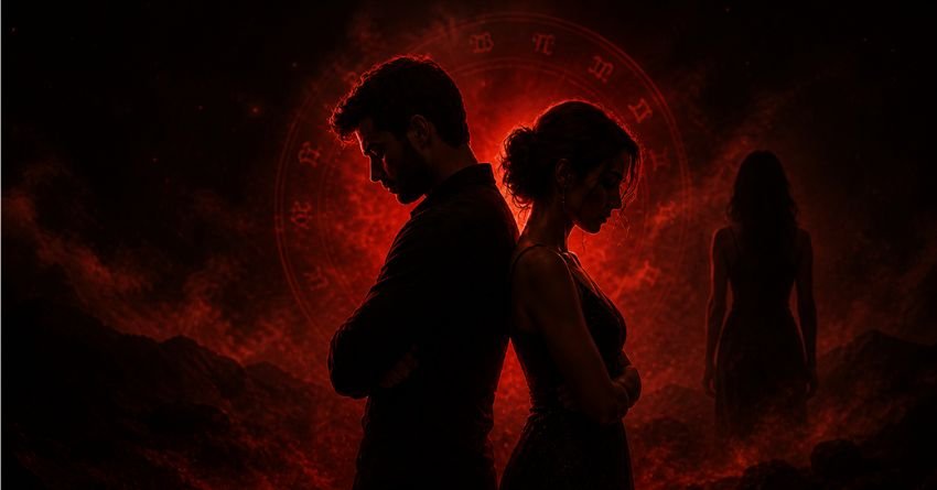 Dramatic astrology-themed image showing a couple standing back-to-back with a mysterious figure in the background, representing zodiac signs that cheat in relationships.