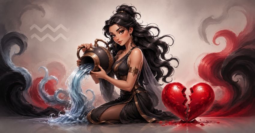 Aquarius water bearer beside a broken heart symbolizing the zodiac signs that break an Aquarius' heart