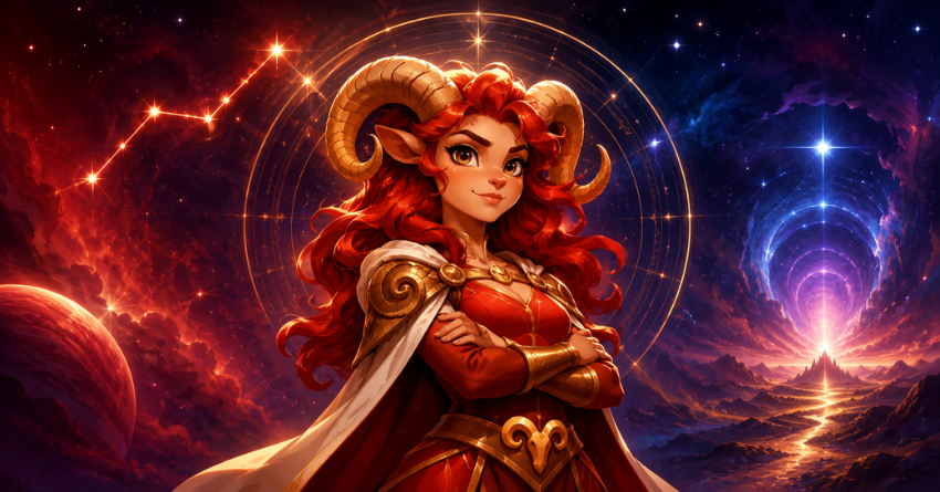 Aries zodiac illustration for the second half of 2026, a fiery ram symbol with a cosmic starry background