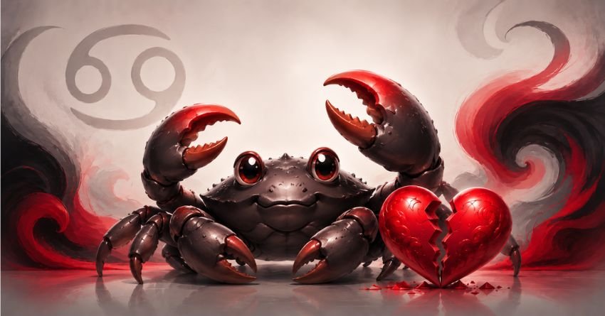 Cancer crab beside a broken heart symbolizing the zodiac signs that break a Cancer's heart