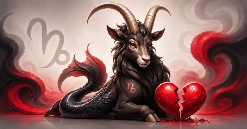 Capricorn sea-goat beside a broken heart symbolizing the zodiac signs that break a Capricorn's heart