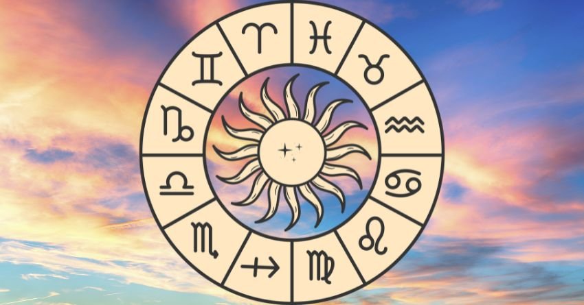 Zodiac wheel with all 12 astrology signs against a sunset sky for the daily horoscope June 8, 2026