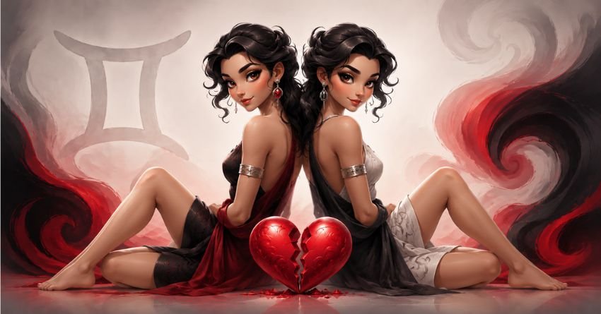 Gemini twins beside a broken heart symbolizing the zodiac signs that break a Gemini's heart