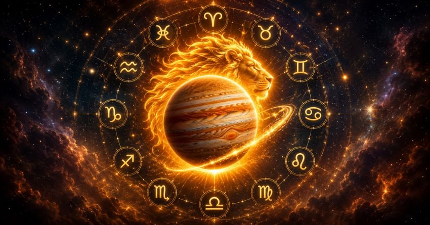 Jupiter in Leo 2026 glowing at the center of the zodiac wheel surrounded by all 12 astrology signs