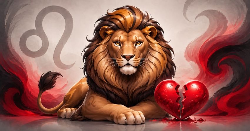 Leo lion beside a broken heart symbolizing the zodiac signs that break a Leo's heart