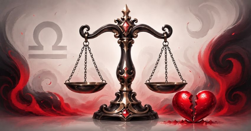 Libra scales beside a broken heart symbolizing the zodiac signs that break a Libra's heart