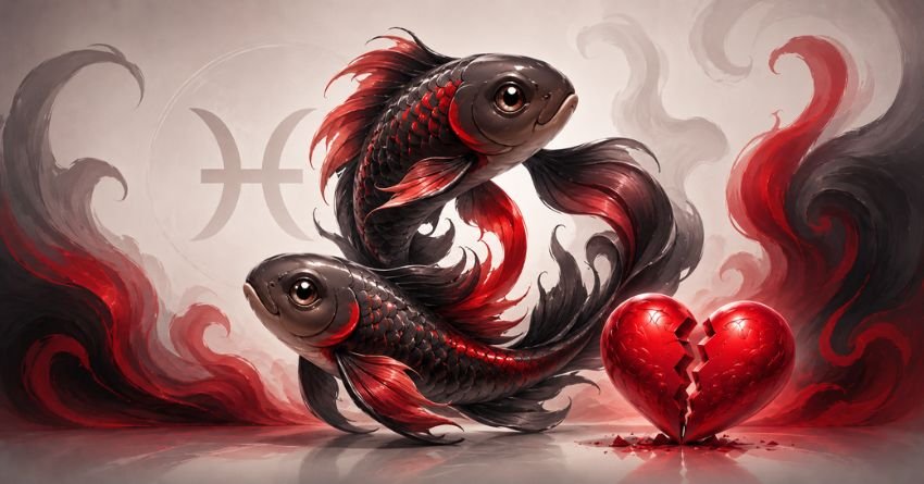 Pisces fish beside a broken heart symbolizing the zodiac signs that break a Pisces' heart
