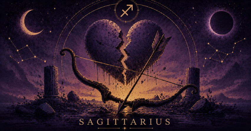 3 Zodiac Signs Most Likely to Break Sagittarius's Heart illustration with a broken heart, Sagittarius symbol, and mystical purple night sky.