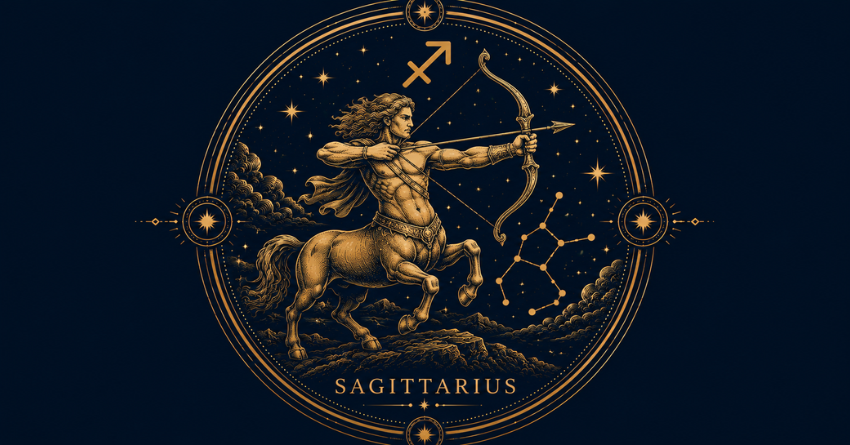 The 3 Zodiac Signs Most Likely to Make Sagittarius Happy zodiac compatibility illustration featuring Sagittarius symbol in a celestial horoscope design