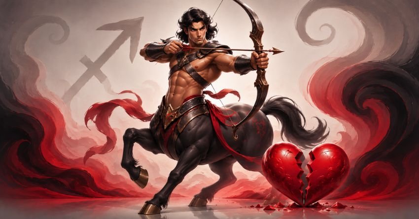 Sagittarius archer beside a broken heart symbolizing the zodiac signs that break a Sagittarius' heart