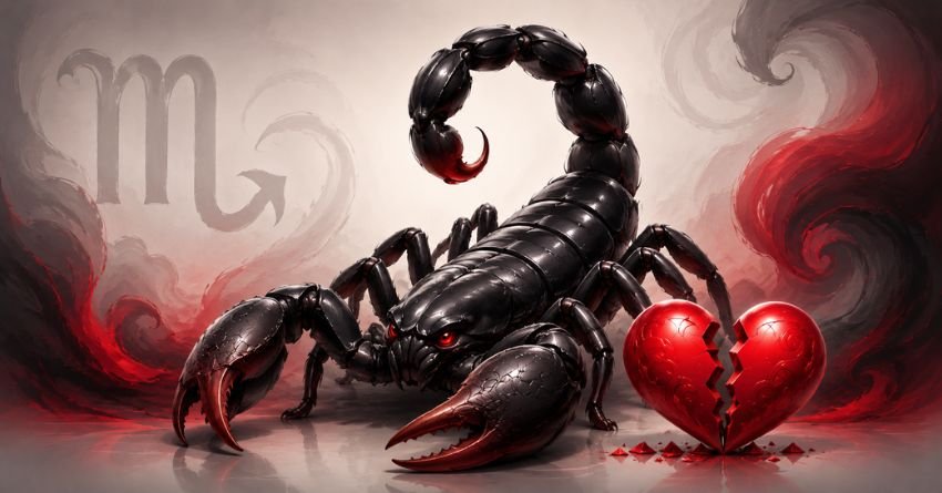 Scorpio scorpion beside a broken heart symbolizing the zodiac signs that break a Scorpio's heart