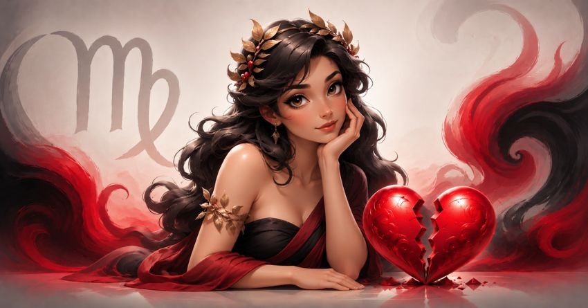 Virgo maiden beside a broken heart symbolizing the zodiac signs that break a Virgo's heart