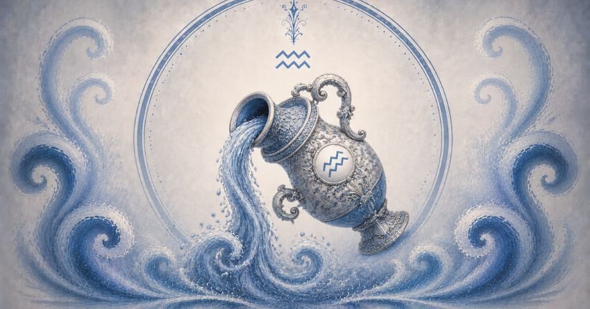 Mystical Aquarius zodiac symbol surrounded by flowing blue cosmic waves and celestial energy, representing destiny, intuition, and spiritual guidance.