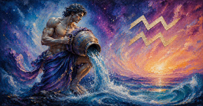 The Next Chapter for Aquarius acrylic painting illustration with Aquarius zodiac symbol and cosmic water energy