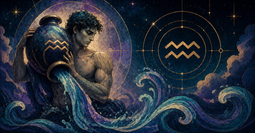3 Zodiac Signs Aquarius Has the Strongest Chemistry With featuring a mystical Aquarius illustration and zodiac symbols