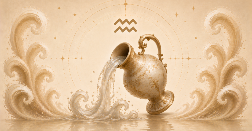 Aquarius experiencing a powerful inner shift symbolized by two elegant golden birds facing each other amid flowing celestial patterns and soft spiritual energy.