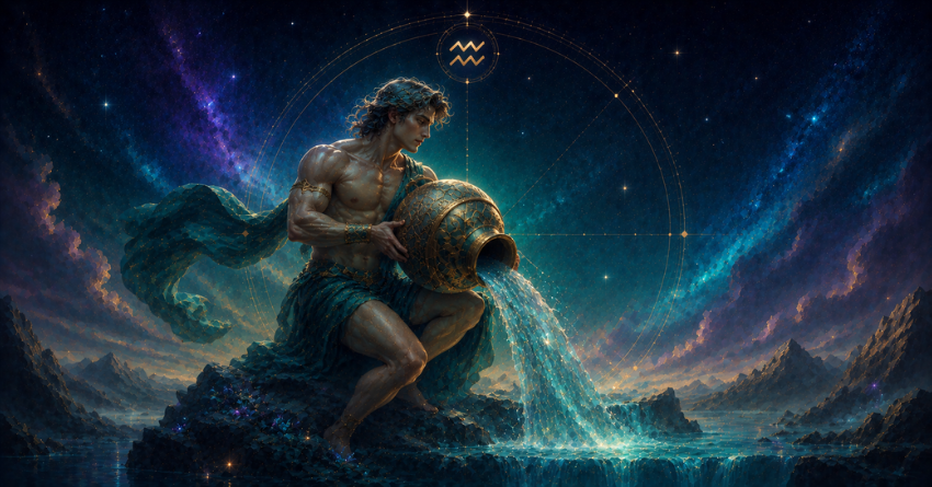 Why Aquarius Should Trust Their Vision illustration featuring Aquarius surrounded by cosmic energy and celestial light