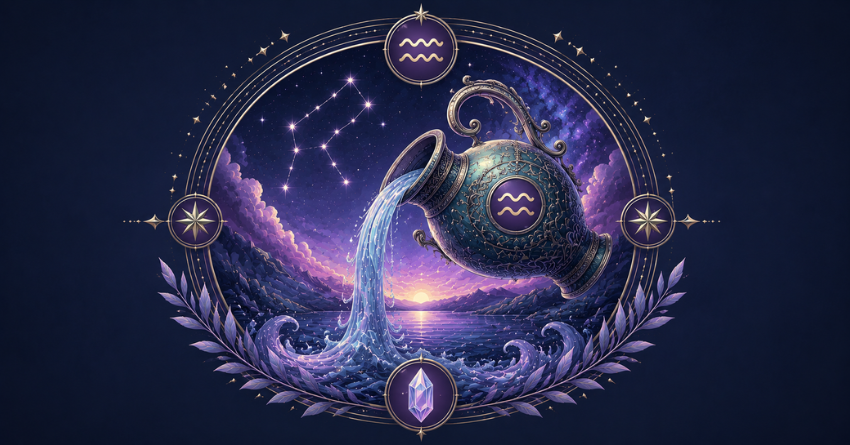 Aquarius Is Moving Toward a Fated Breakthrough zodiac illustration featuring Aquarius symbol surrounded by cosmic energy, stars, and a mystical zodiac wheel