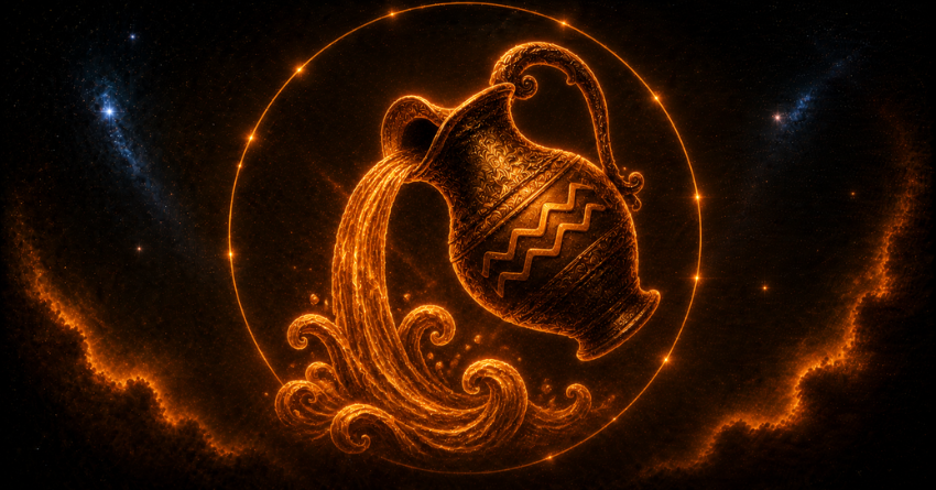 Aquarius entering a financially lucky chapter with glowing zodiac water bearer symbol surrounded by golden cosmic energy